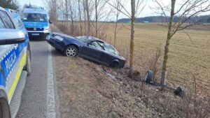 Nietrzeźwy kierowca wjechał do rowu. Miał 2,5 promila alkoholu w organizmie.